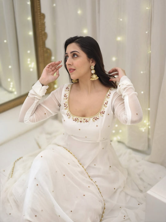 White Color Attractive Party Wear Handwork Fully Flair Anarkali Suit