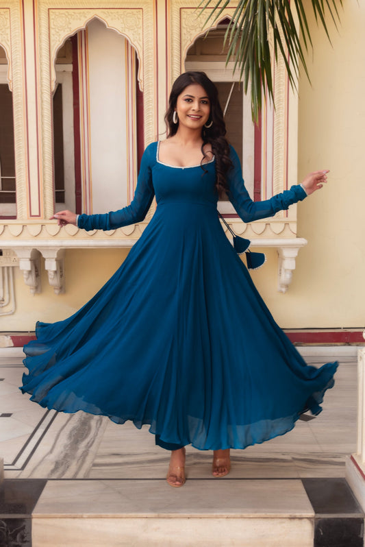 Most Attractive Peacock Blue Color Party Wear Anarkali Suit