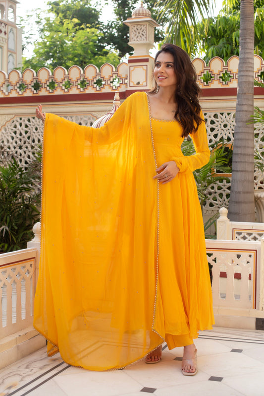 Festive Special Yellow Color Fully Flair Handwork Anarkali Suit