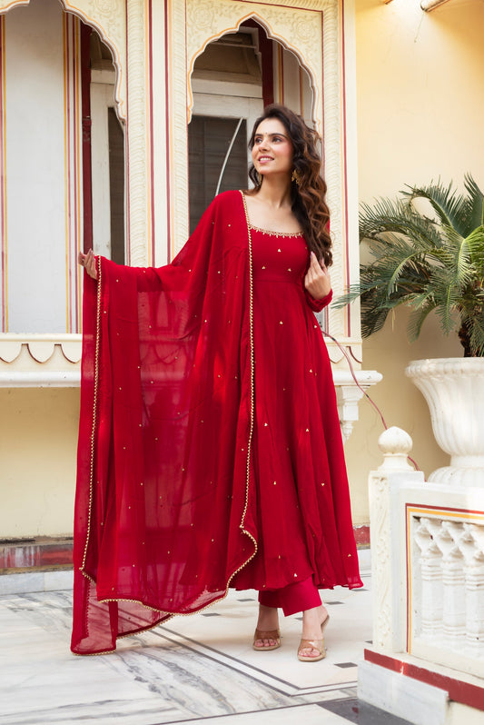 Festive Special Most Trending Fully Flair Red Handwork Anarkali Suit