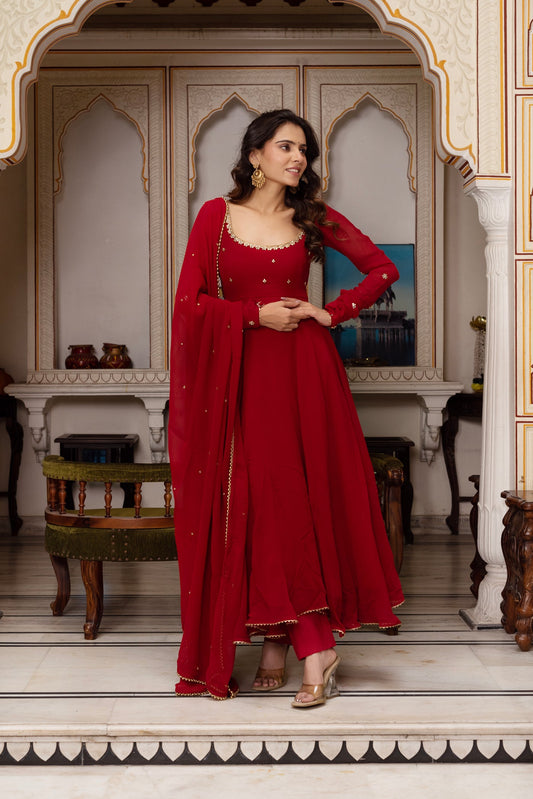 Most Attractive Cherry Red Handwork Fully Flair Anarkali Suit