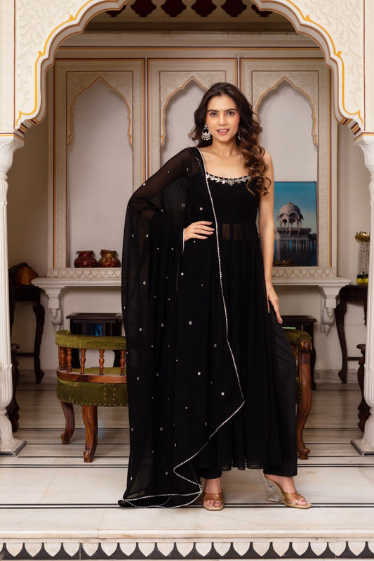 Black Color Party Wear Hand and Real Mirror Work Anarkali Plazo Suit