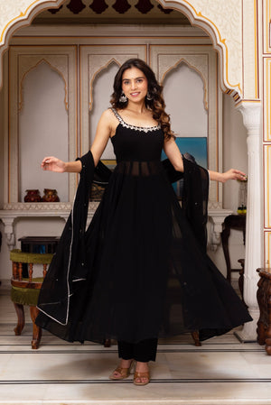 Black Color Party Wear Hand and Real Mirror Work Anarkali Plazo Suit