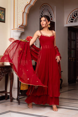 Festive Special Most Trending Red Color Real Mirror And Handwork Plazo Suit