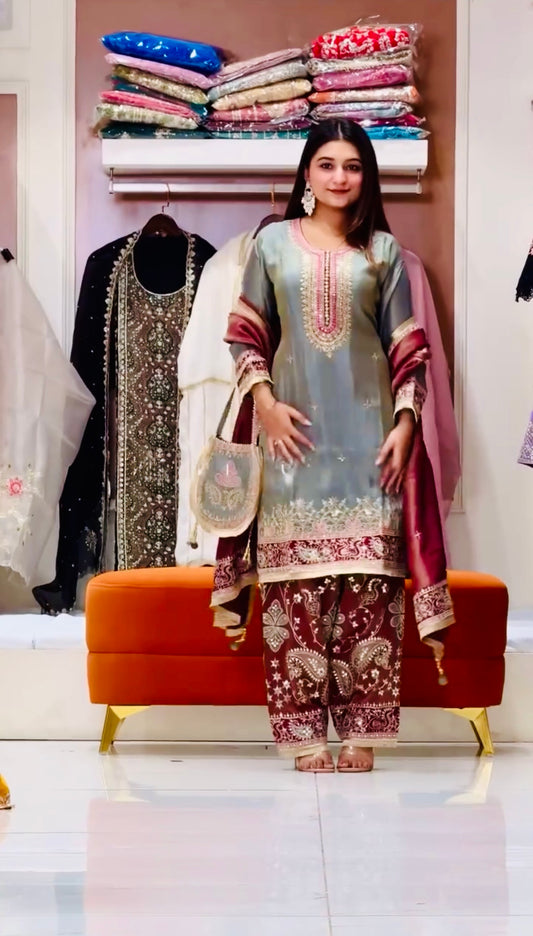 Designer Heavy GMY Silk Embroidered Top Plazzo Dupatta Set with Purse