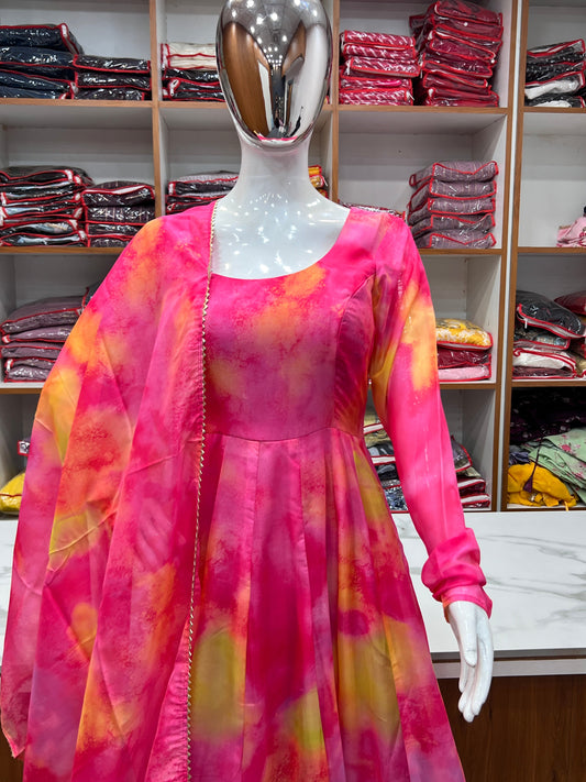 Multi Color Designer Party Gown & Dupatta Set