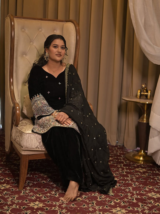 Buy Beautiful Velvet Fabric Black Color Embroidery Plazo Suit