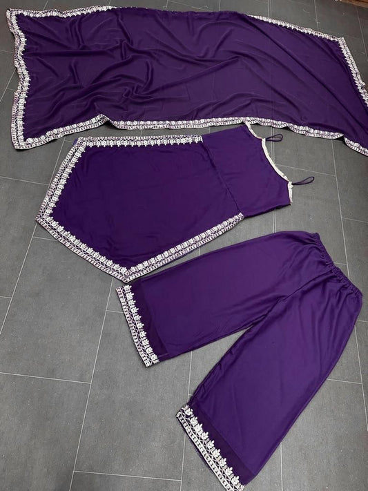 Stylish Pretty Purple Georgette V-Shape Palazzo Suit Set of 3