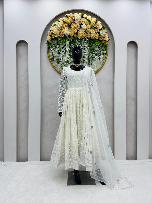 Fantastic White Color Georgette With Chikan Work Premium Anarkali Dress