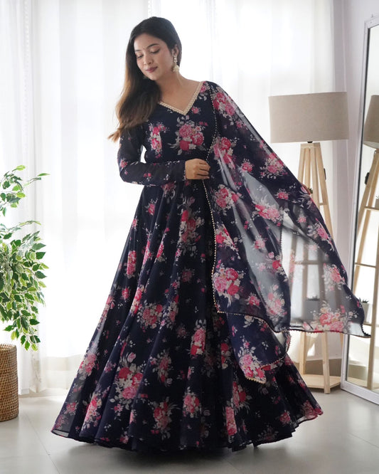 Navy Blue Floral Printed Georgette Anarkali Gown with dupatta