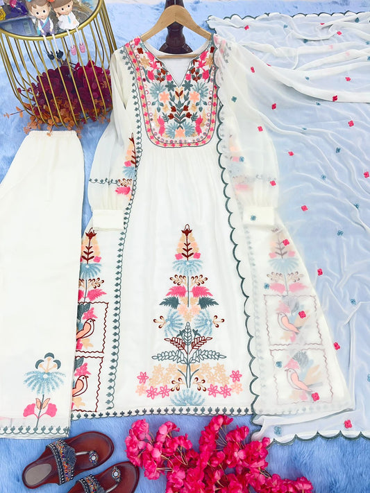White georgettte multi thread embroidery & Mirror work designer palazzo suit