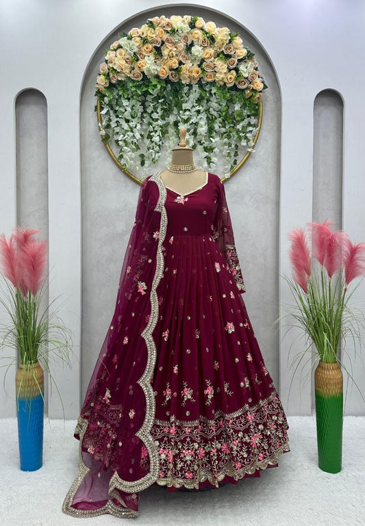 Most Beautiful Cherry Color Party wear Anarkali Suit with Dupatta