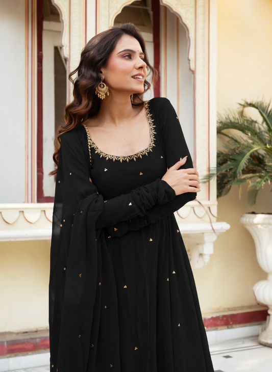 Festive Special Fully Flair Black Color Handwork Anarkali Suit