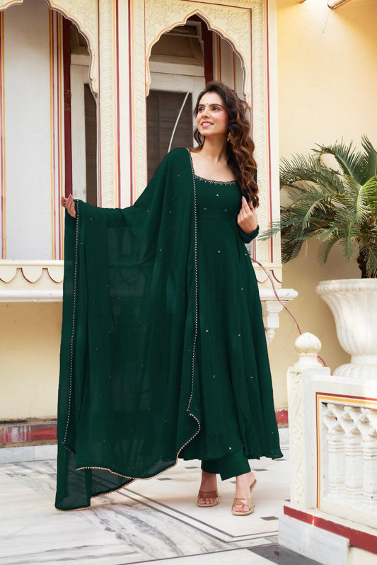 Green Color Party Wear Fully Flair Handwork Anarkali Suit