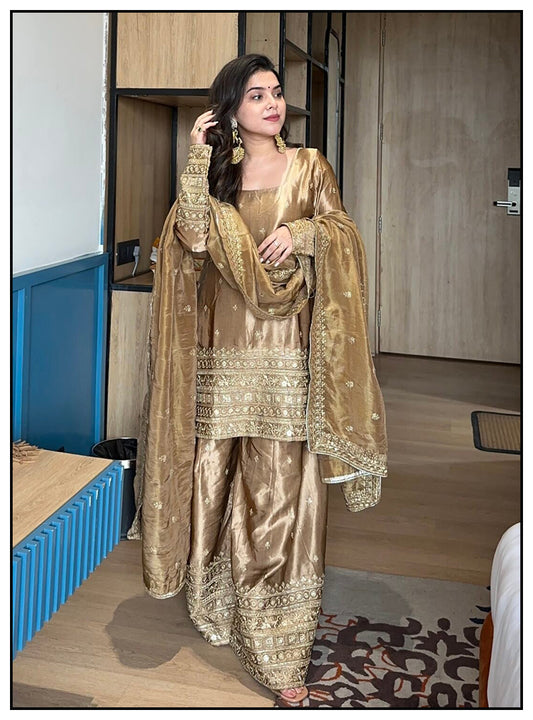 Most Trending Golden Color Fandy Satin Silk Plazzo Suit