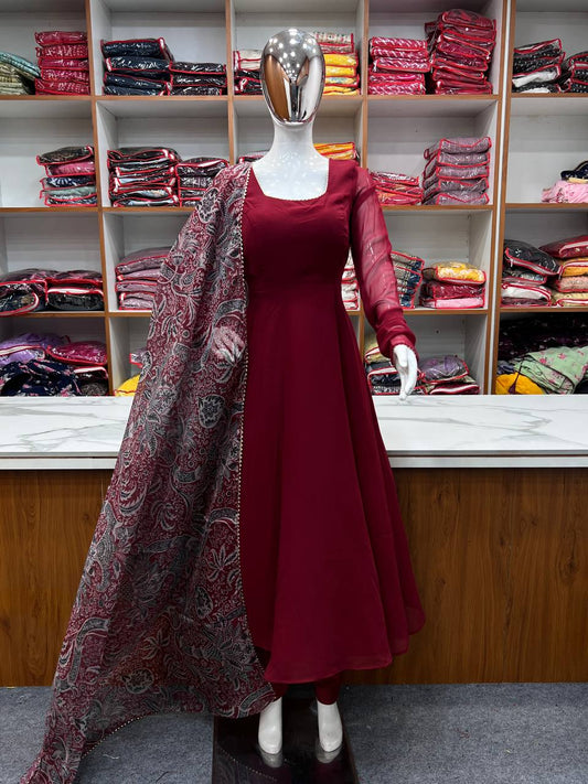 MAROON COLOR FOX GEORGETTE FABRIC FULLY FLAIR ANARKALI,WITH DUPPTA