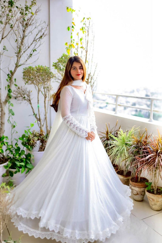 Amazing Ready to Wear White Georgette Gown with Dupatta