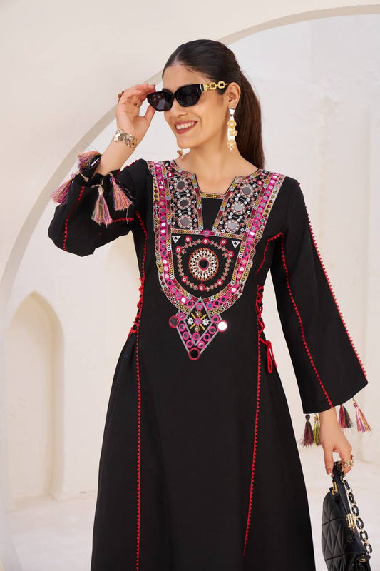 Buy Beautiful Black Color Real Mirror Work Fully Stitiched Plazo Suit