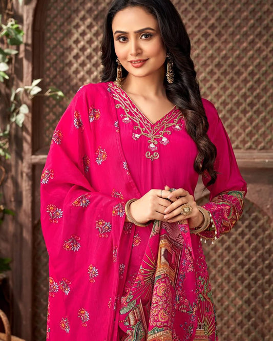 Buy Beautiful Fully Stitiched Rani Pink Color Digital Printed Plazo Suit