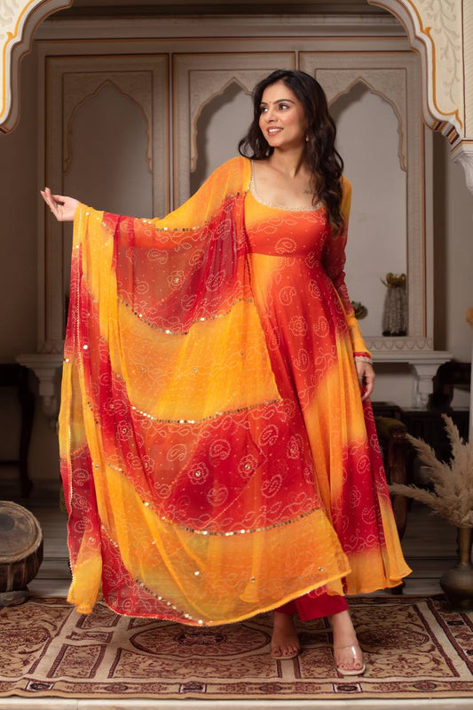 Haldi Fuction Special Multi Color Bandhani Print Anarkali Suit