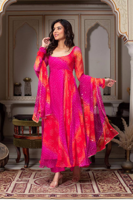 Most Trending Multi Color Bandhani Print Fully Flair Anarkali Suit