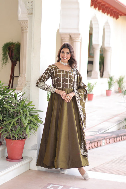 Festive Special Vichitra SIlk Fully Stitched Embroidery Gown With Dupatta