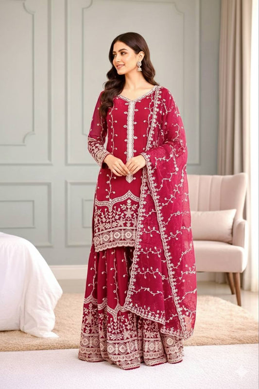 Festive Special Rani Pink Color Fendy Silk Embroidery Sharara Suit