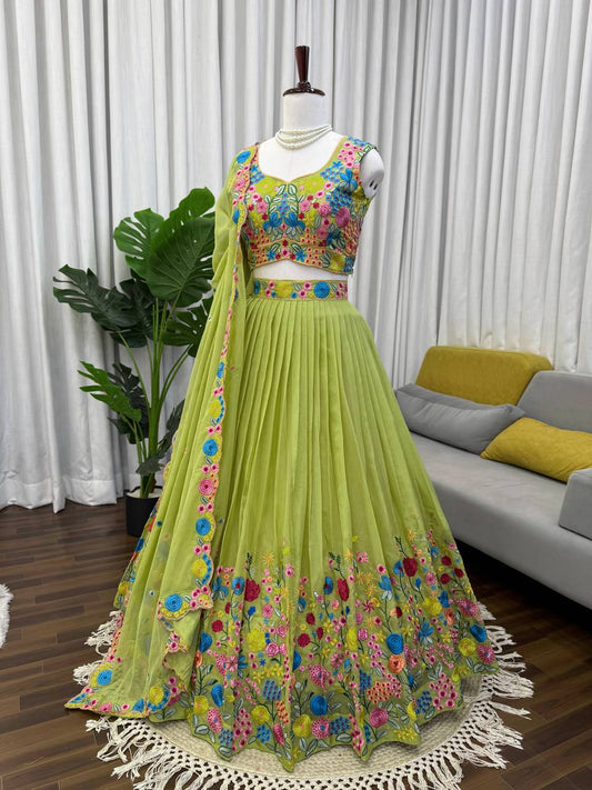 Most Trending Parrot Green Color Embroidery Sequin Work Lehenga Choli