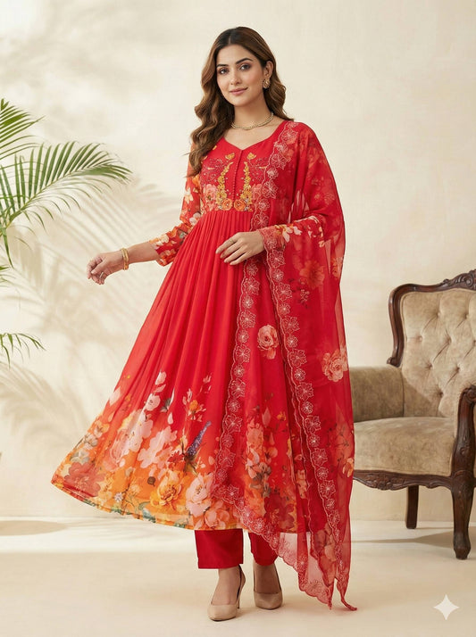 Fox Georgette Cherry Red Party Wear Gown Set with Dupatta & Pant