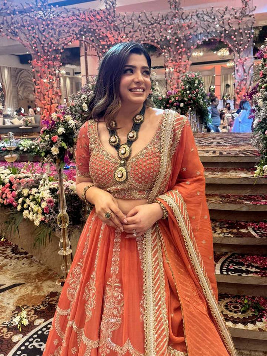 Wedding Special Semi Stitched Rust Orange Embroidery Lehenga Choli