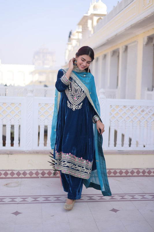 Festive Special Peacock Blue Color Fully Stitched Plazo Suit