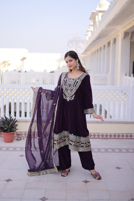 Buy Beautiful Wine Color Velvet Fabric Designer Plazo Suit With Dupatta