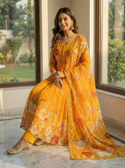 Buy Beautiful Wedding Special Yellow Color Printed Anarkali Suit