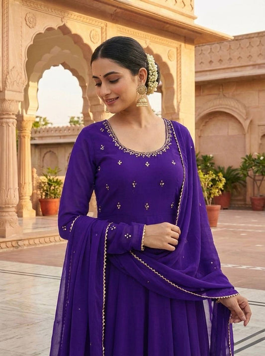 Festive Special Fully Flair Purple Color Party Wear Handwork Anarkali Suit