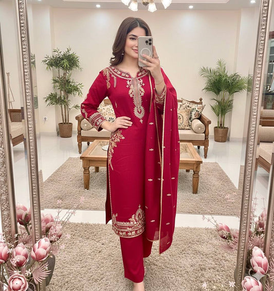 Most Trending Rani Pink Color Roman Silk Dress With Dupatta