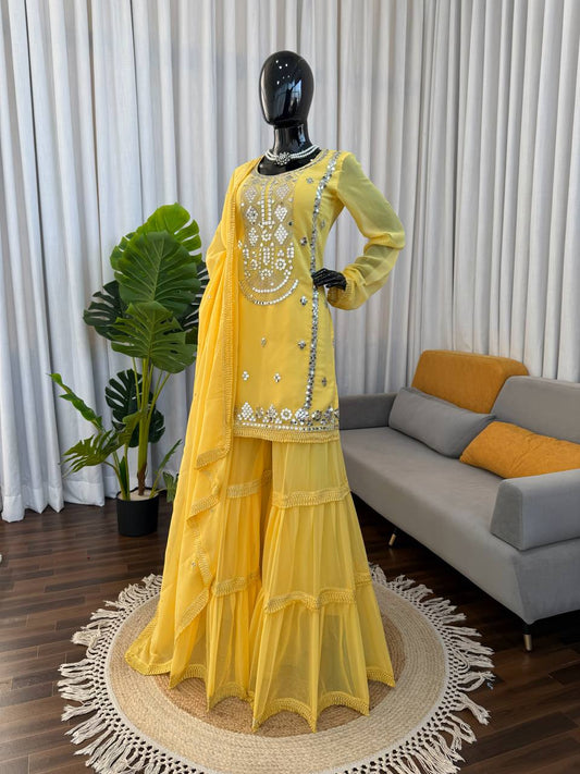 Wedding Fuction Special Yellow Color Fully Stitched Sharara Dress