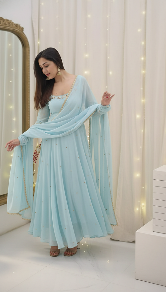 Most Trending Sky Blue Color Fully Flair Handwork Anarkali Suit